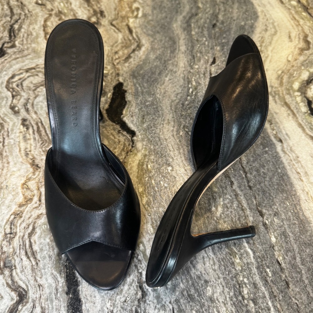 Veronica Beard Black Leather Peep Toe Stiletto Mule Heel Size 8.5M Made in Italy